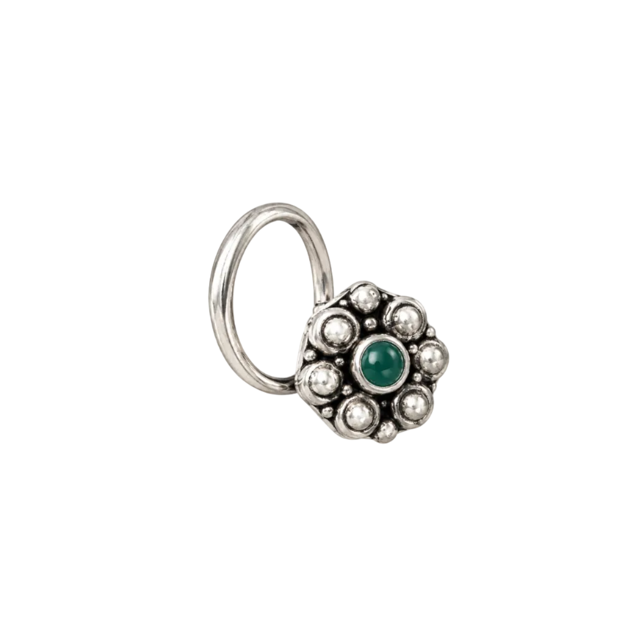 925 Silver Emerald-Green Cabochon Granulated Floral Clip-On Nose Pin (Nath)