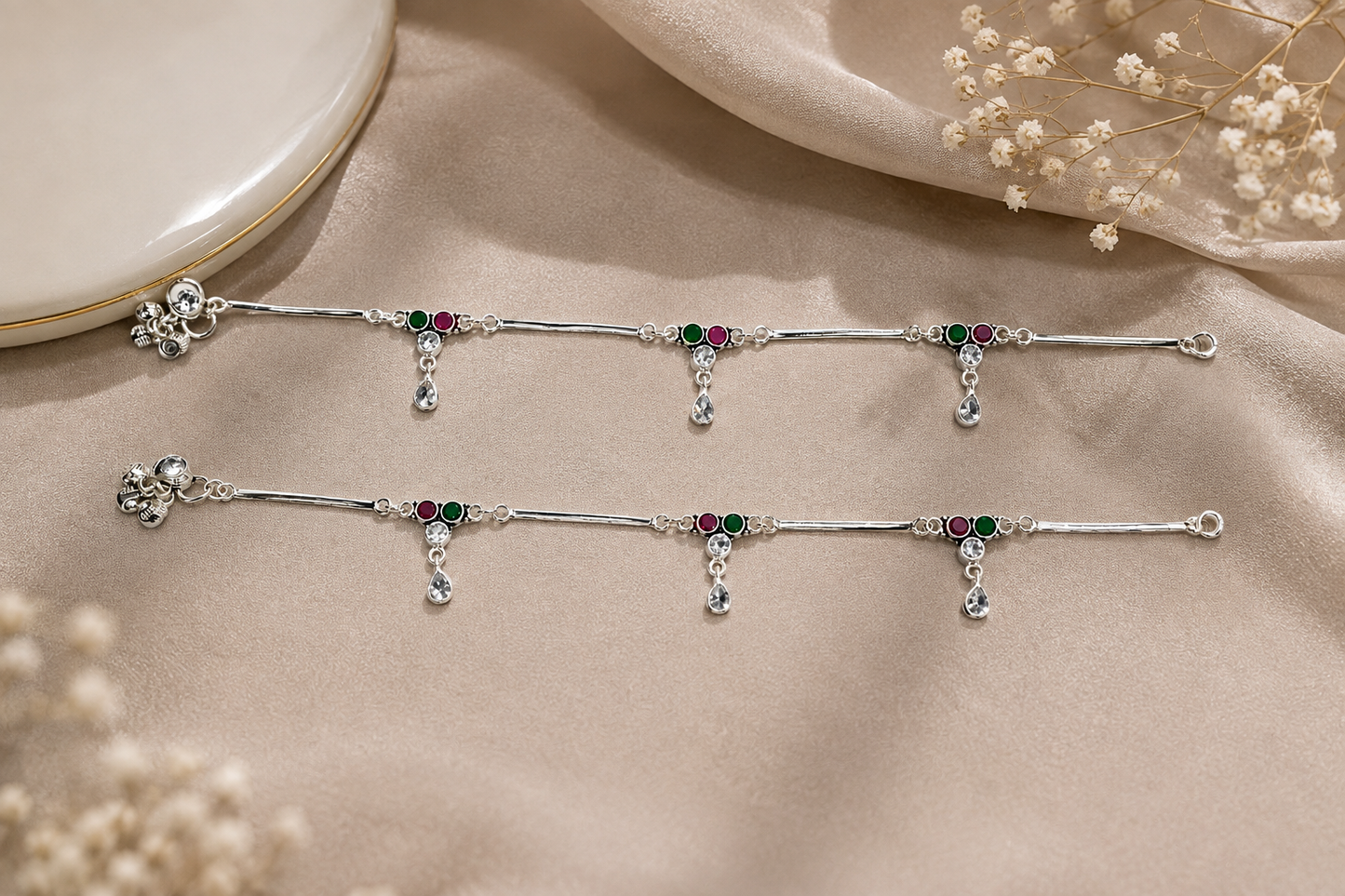 925 Silver Gemstone & CZ Drop Anklets (Pair)