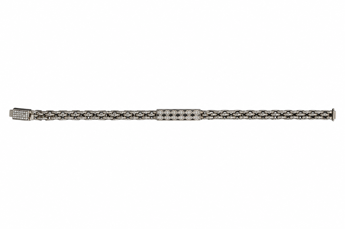 925 Silver Men's CZ Diamond-Pattern ID Bar Woven Chain Bracelet