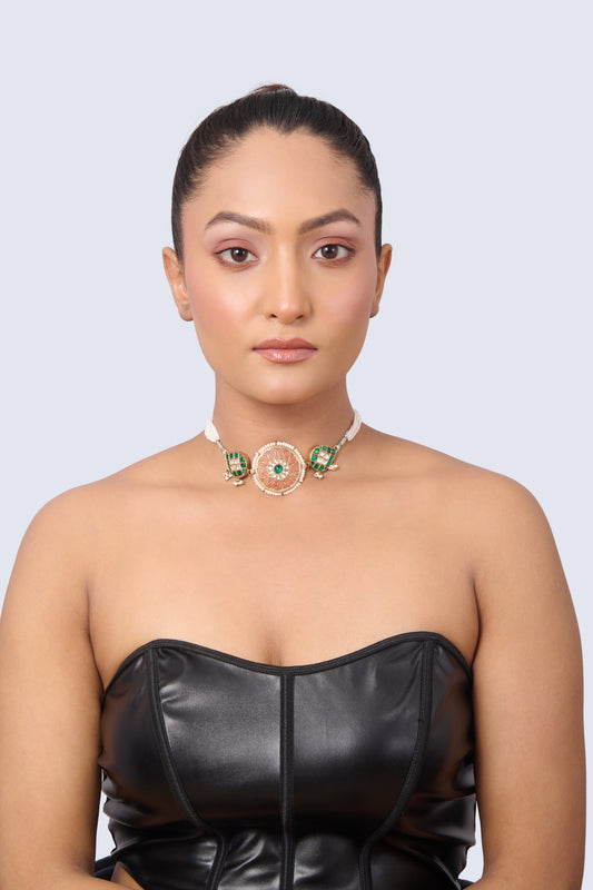 Gold Tone Choker with Emerald, Pink Gem, Pearl, and White Stone Details