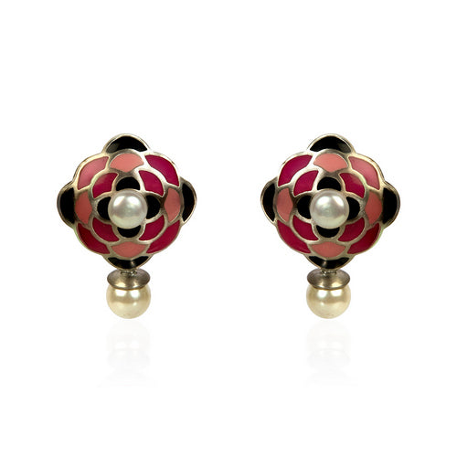 Pink and Black Enamel Floral Pearl Drop Earrings