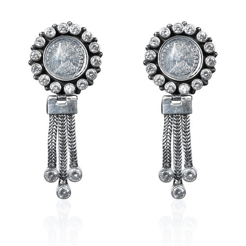Oxidized Silver Coin Design Dangle Earrings with Sparkling Stones and Chain Drops