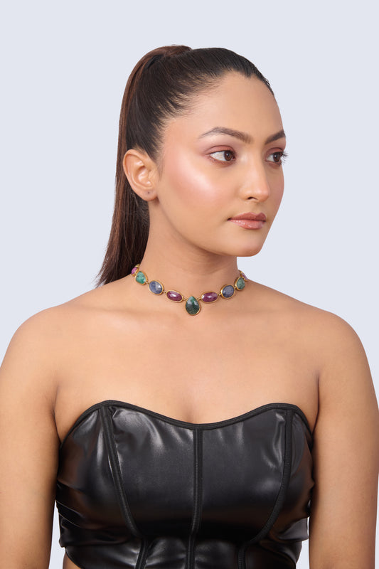 Necklace with Sapphire, Emerald, Ruby, Citrine, and Amethyst Gemstones