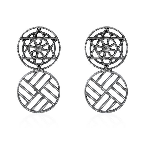 Oxidized Silver Geometric Dangle Earrings with Seed of Life & Lattice Design