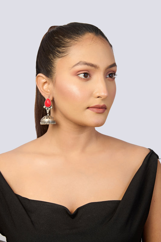 Traditional Red Teardrop Jhumkas with Oxidized Silver Detailing
