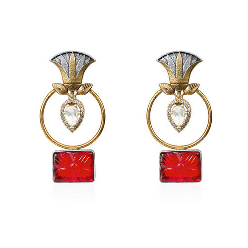 Dual-Tone Oxidized Silver and Gold Carved Red Stone Dangle Earrings