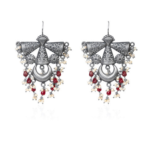 Oxidized Silver Tribal Dangle Earrings with Red Beads & Pearl Drops