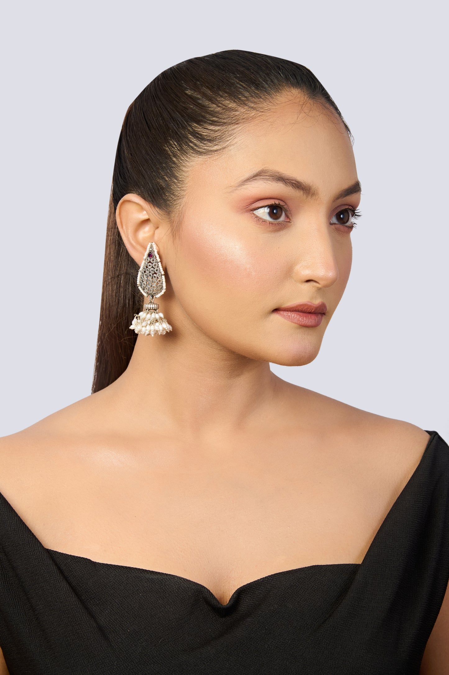 Oxidized Silver Dangle Earrings with Pearl Cluster and Ruby Accent in Filigree Design