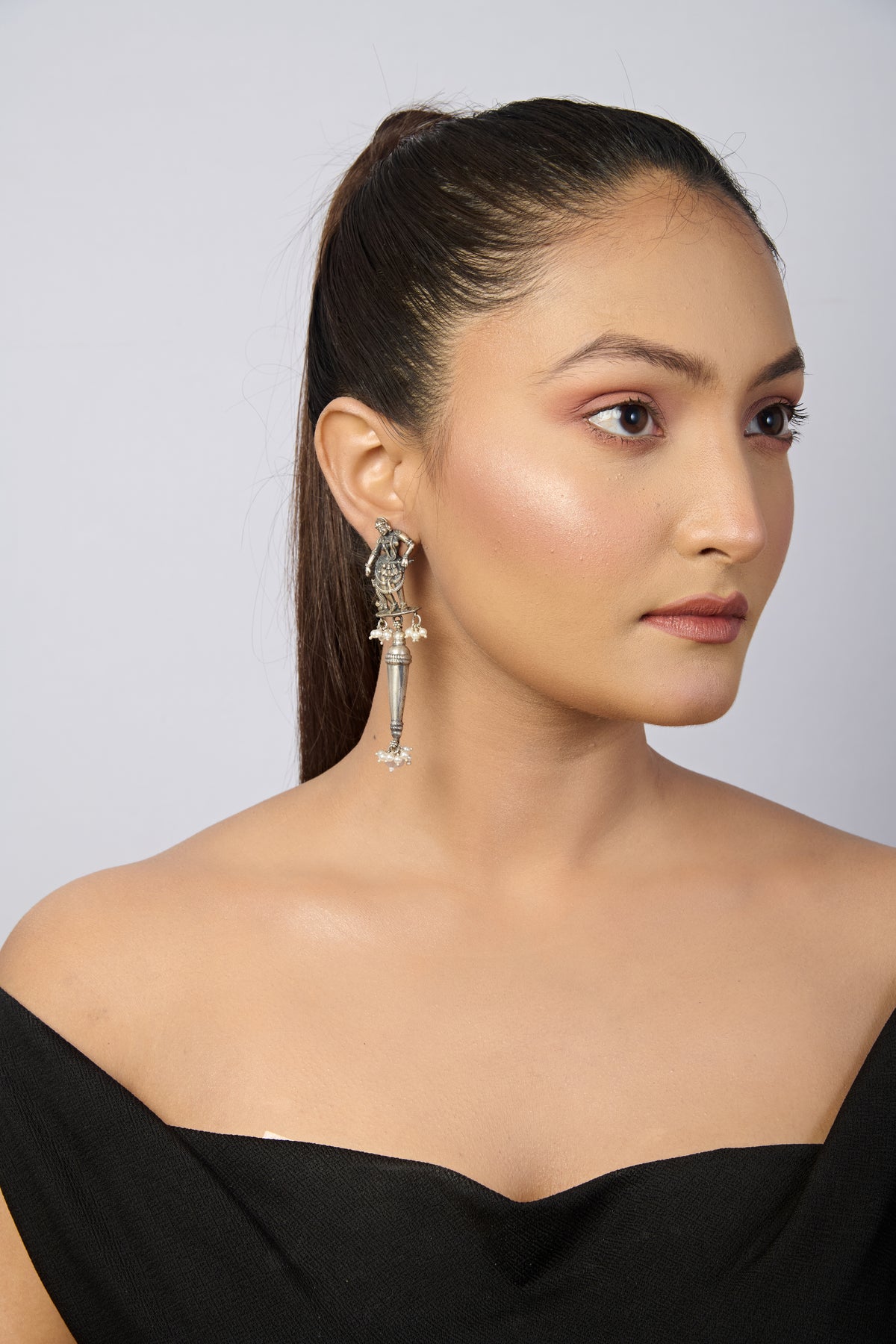 Oxidized Silver Dangle Earrings with Dancing Figure Pearl Drops