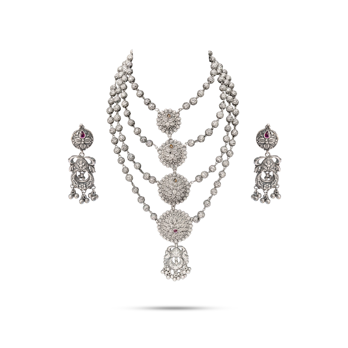 925 Silver Multilayerd Floral Medallion Necklace Set