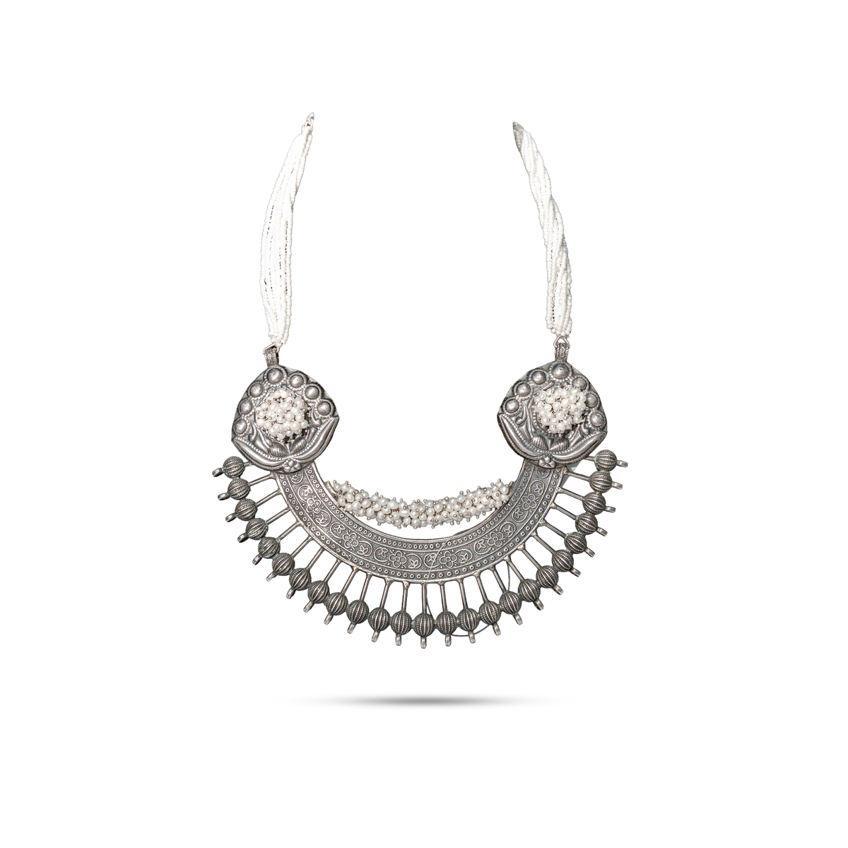 925 Silver Tribal Pearl Crescent Necklace