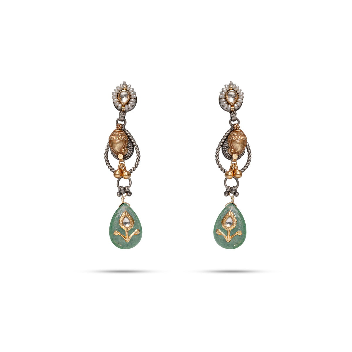 925 Silver Polki Green Drop Earrings
