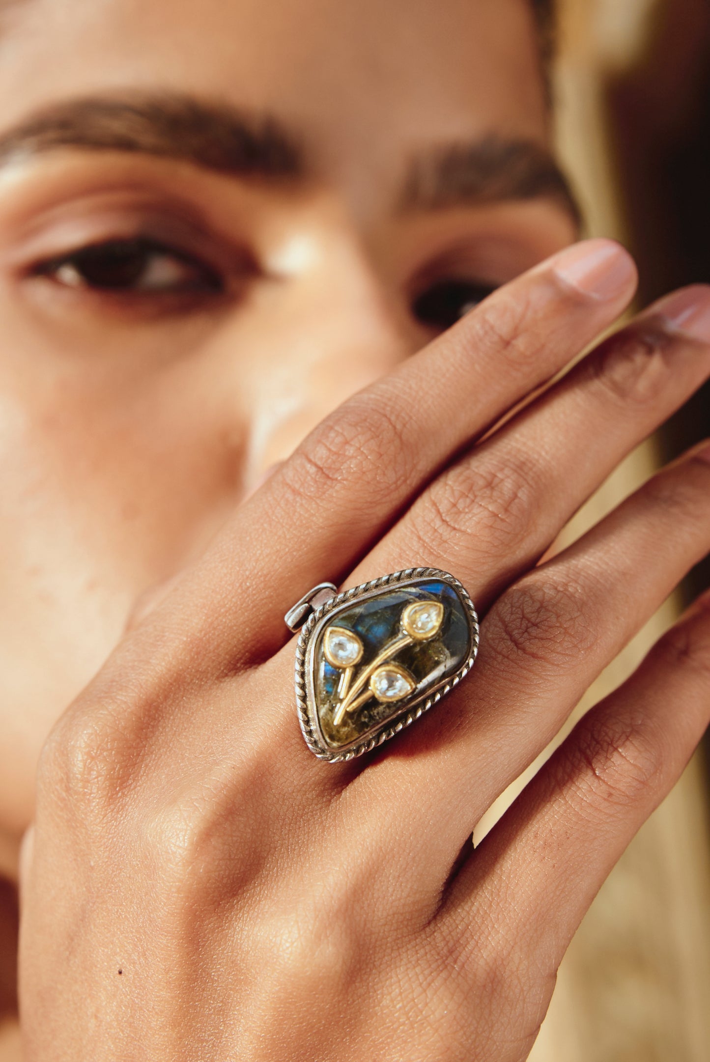 Black Stone Ring in 925 Silver with Golden Detailing