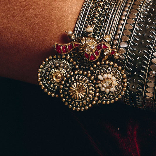 Oxidized Silver and Gold Cuff Bracelet with Rubies, Pearls, and Kundan Accents