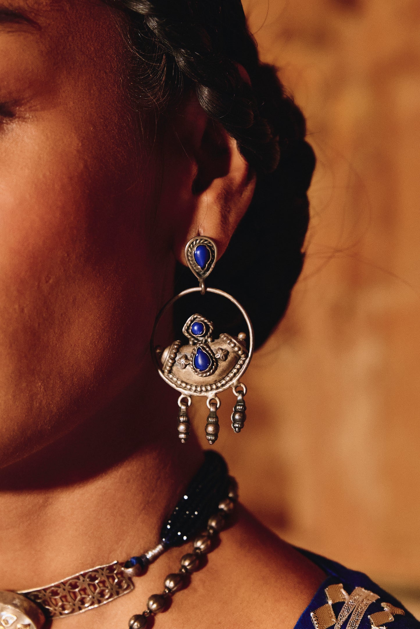 Blue Stone Hoop Earrings in 925 Silver