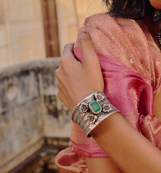 Women's Wide Band Oxidized Silver Open Cuff with Emerald and Roses