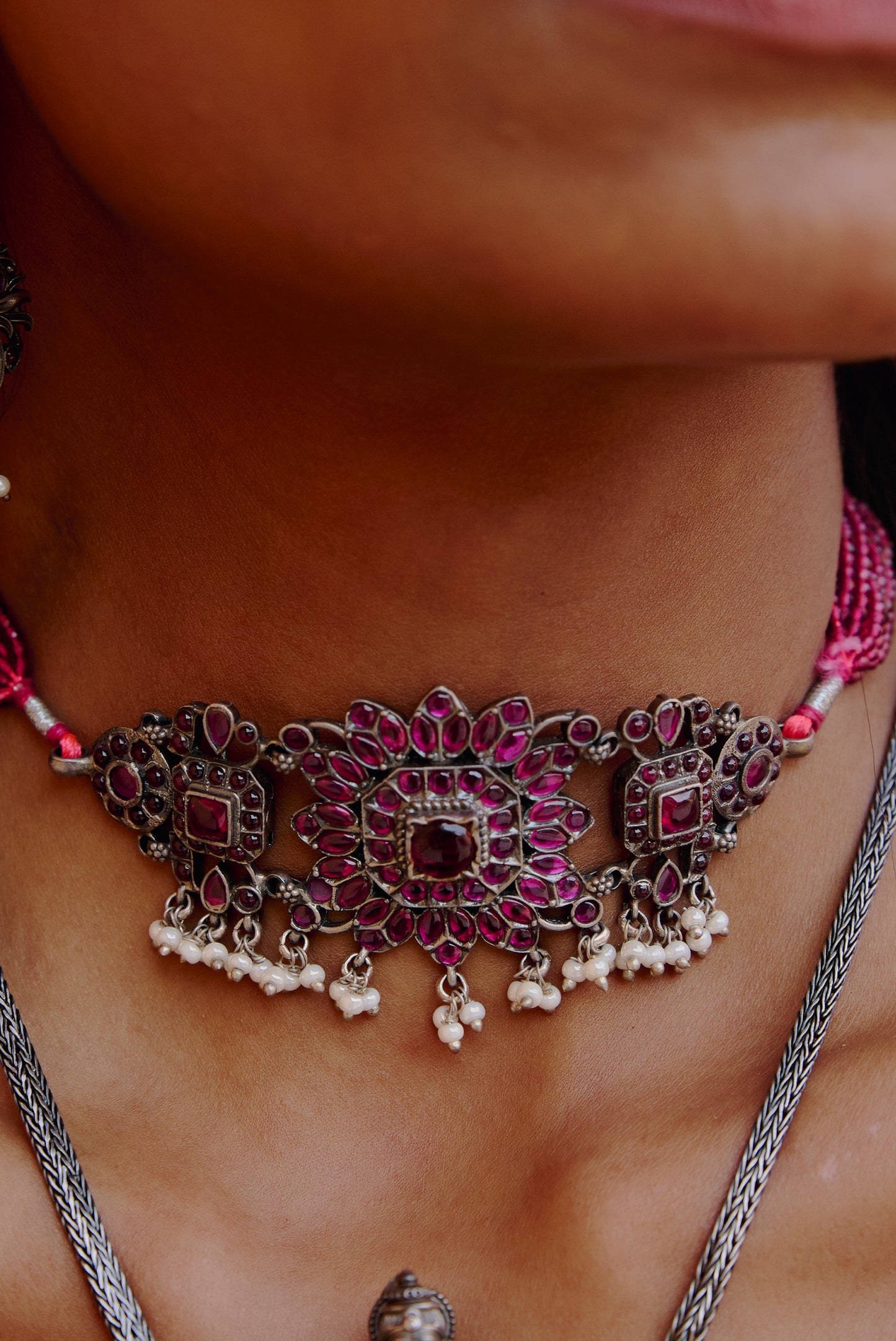 Antique 925 Silver Ruby Beaded Necklace Traditional Design