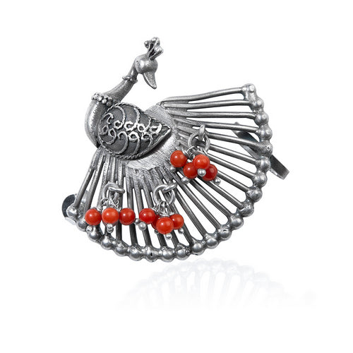 Oxidized Silver Peacock Drop Earrings with Red Coral Beads