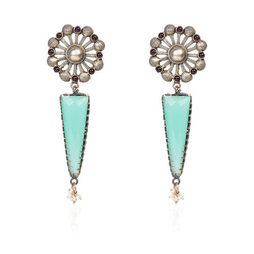 Modern Oxidized Silver Earrings with Dark Gem Studs and Long Faceted Dangle with Pearl