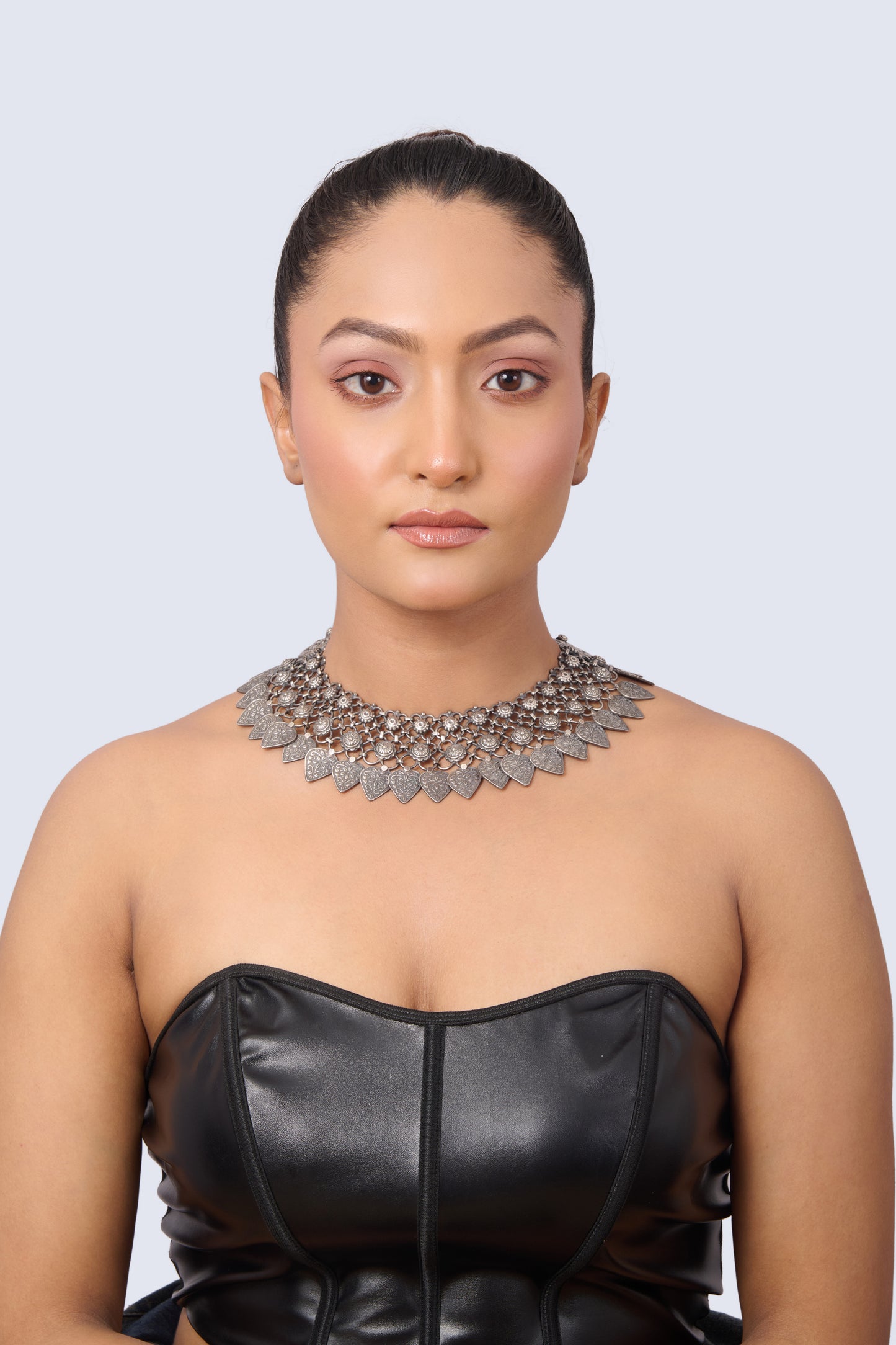 Oxidized Silver Choker with Intricate Mesh Design and Dangling Heart Pendants
