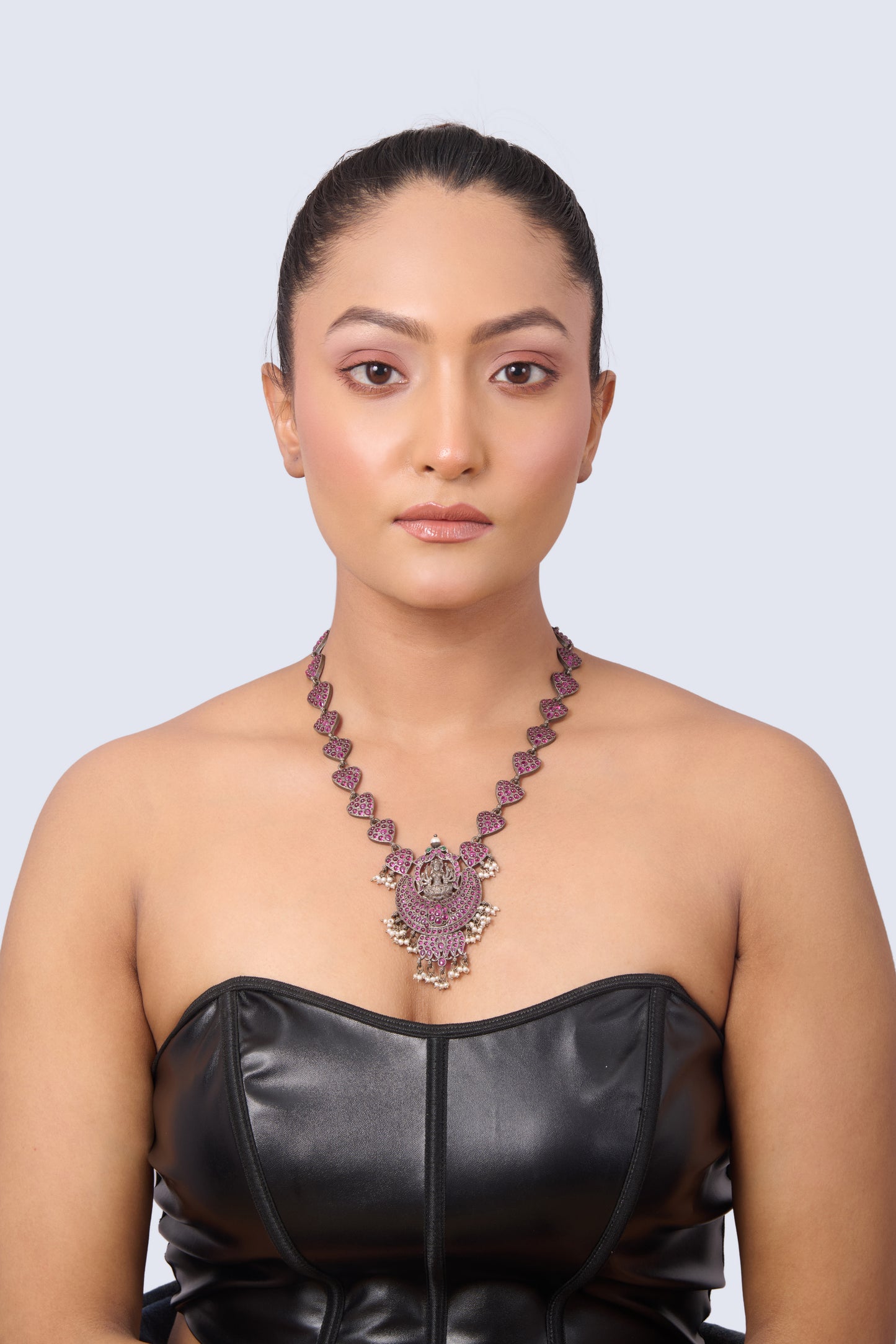 Oxidized Silver Necklace with Devi Pendant, Pink Gem Hearts, and Pearl Drops