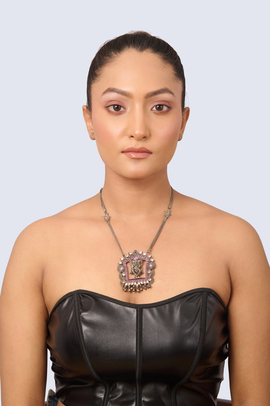 Oxidized Silver Necklace with Ganesha Pendant and Pink Gemstone Accents