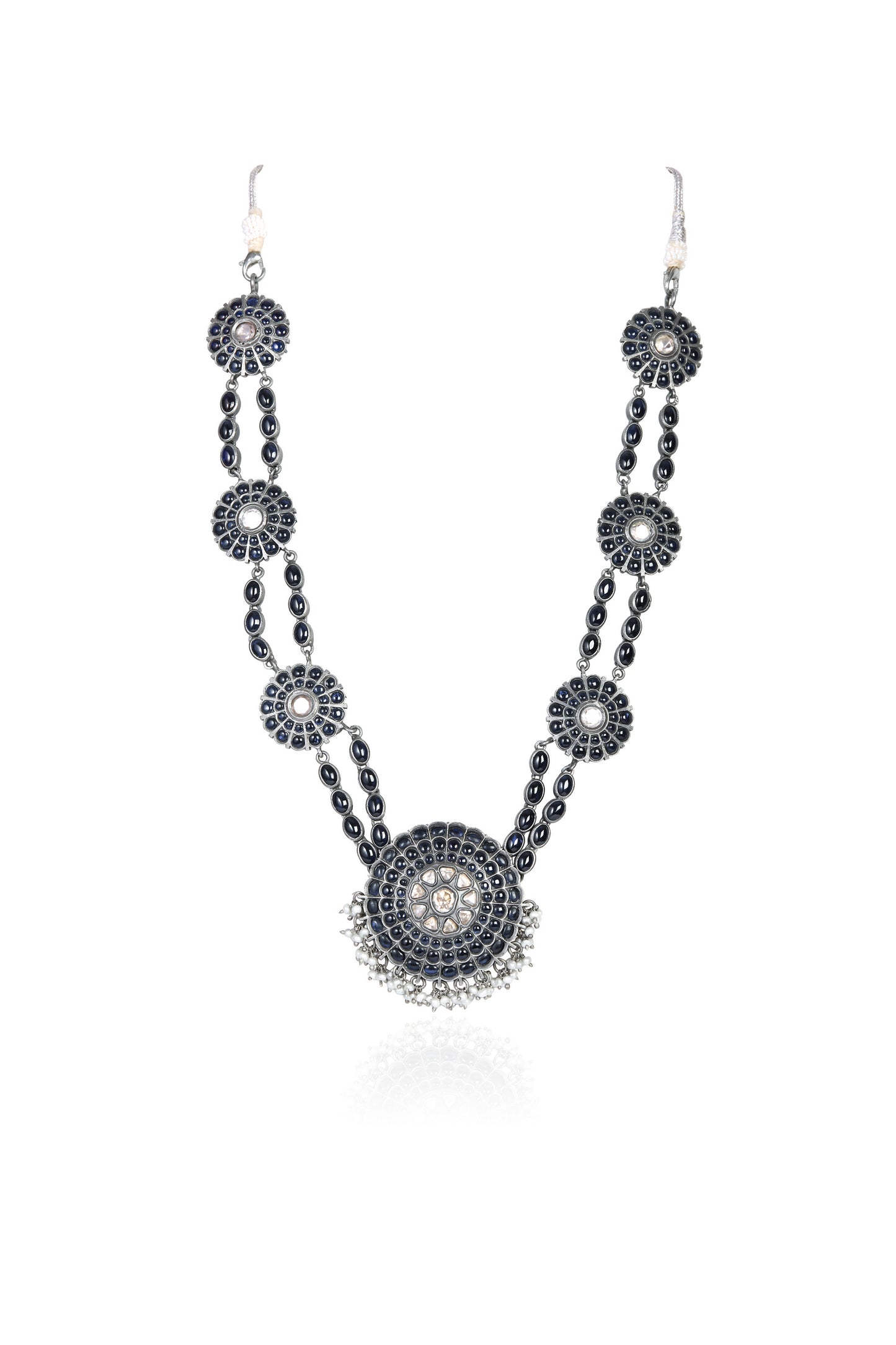 Beautiful Dark Silver Necklace with Intricate Floral Motifs and Contrasting Gemstones