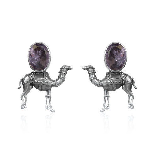 Oxidized Silver Camel Stud Earrings with Oval Amethyst