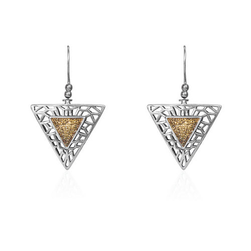 Geometric Triangle Drop Earrings with Golden Shimmer Inlay