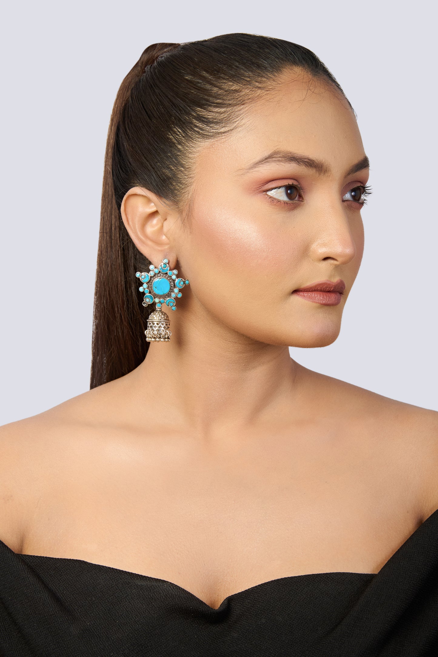 Oxidized Silver Star Jhumkas with Turquoise Stones