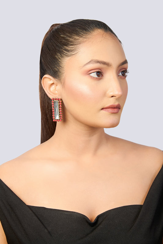 Geometric Oxidized Silver Earrings with Red Embellishments