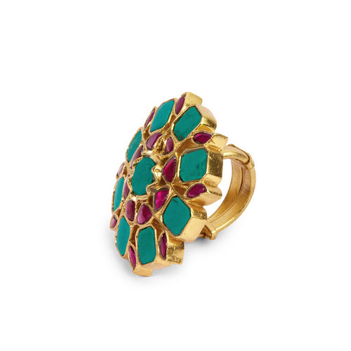 Gold-Toned Adjustable Ring with Turquoise and Ruby Floral Design