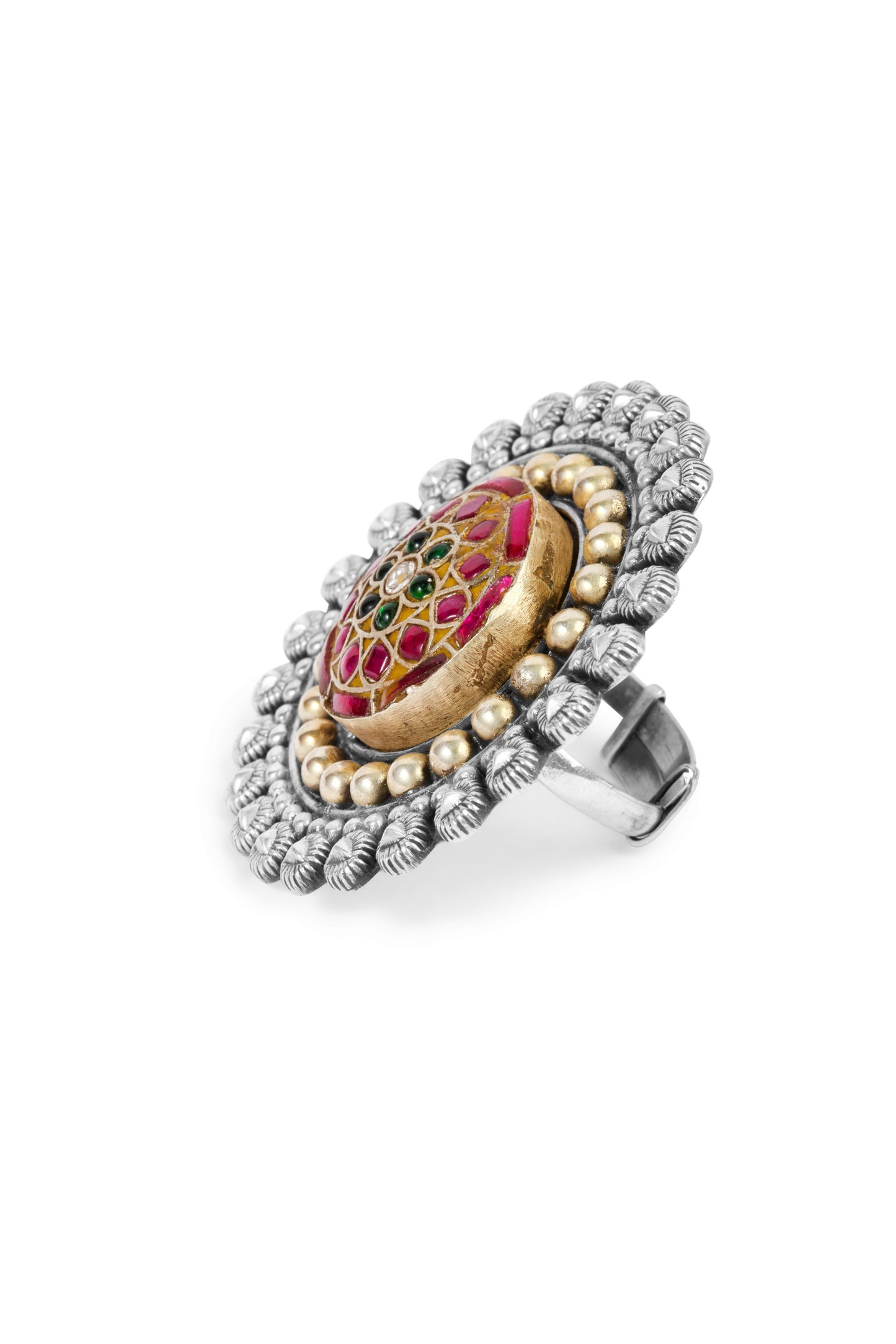 Adjustable Oxidized Silver Ring with Gold Beading and Colorful Centerpiece