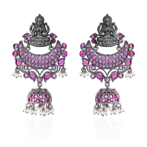 Oxidized Silver Pink Stone Lakshmi Jhumka Earrings