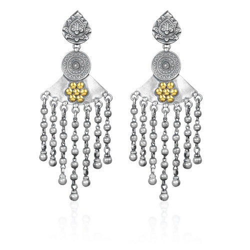 Dual-Tone Oxidized Silver & Gold Beaded Drop Earrings