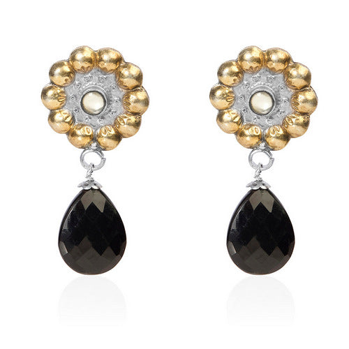 Dual-Tone Floral Stud with Black Teardrop Earrings