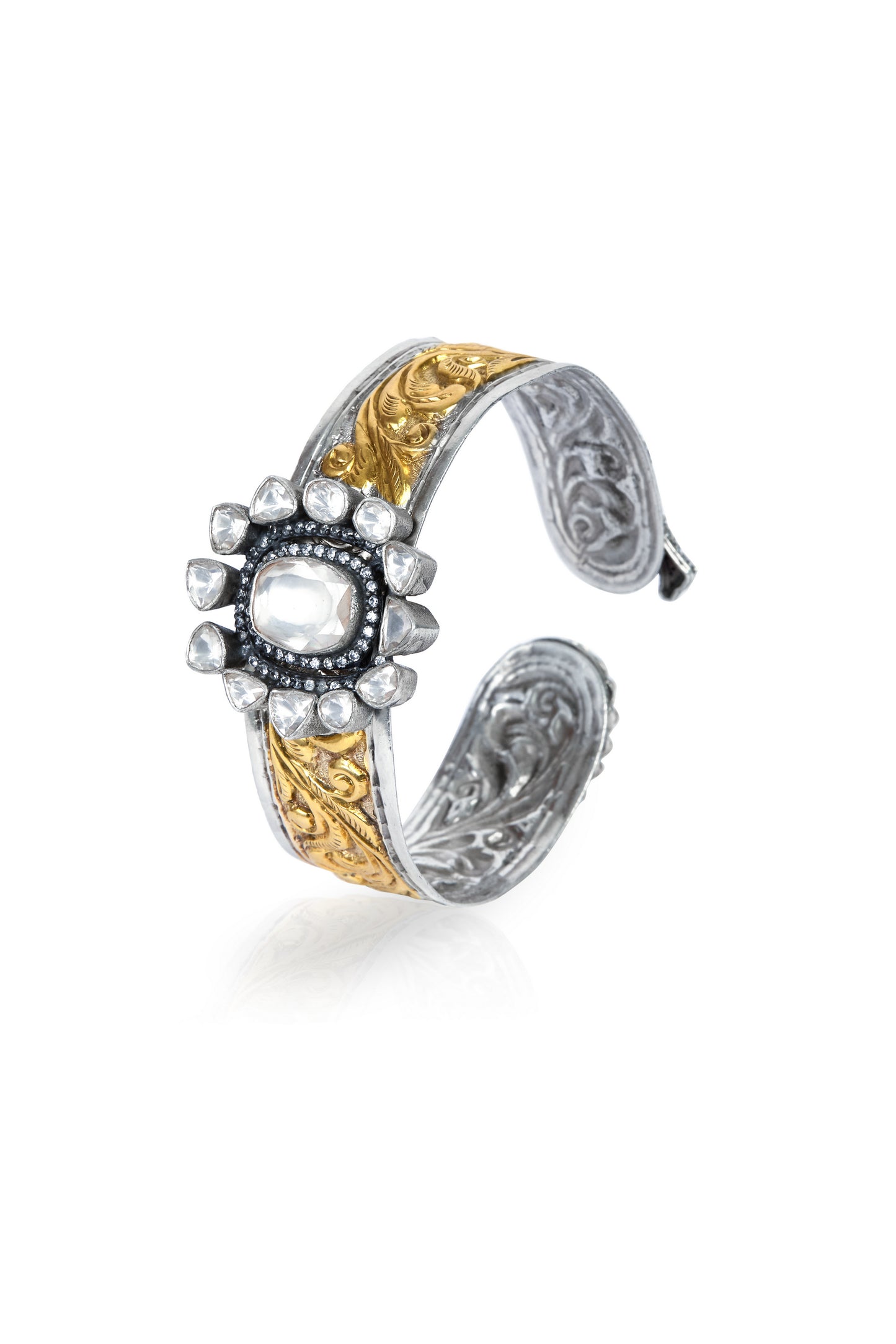 Gerochristo Inspired Two-Tone Polki Gemstone Cuff Bracelet