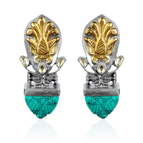 Dual-Tone Floral Stud Earrings with Carved Turquoise Stone