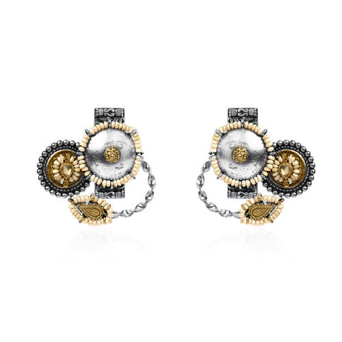 Oxidized Silver & Gold Tone Fusion Stud Earrings with Pearls and Paisley Detail