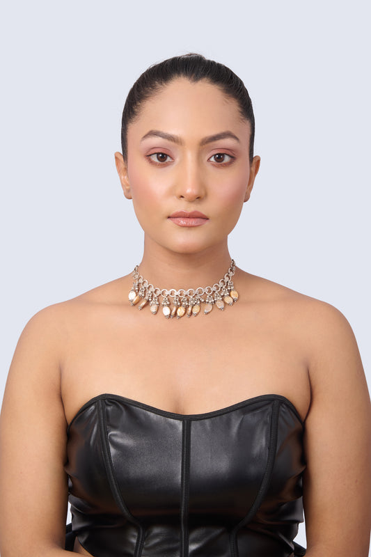 Silver Tone Choker with Dangling Oval Moonstones and Ornate Links