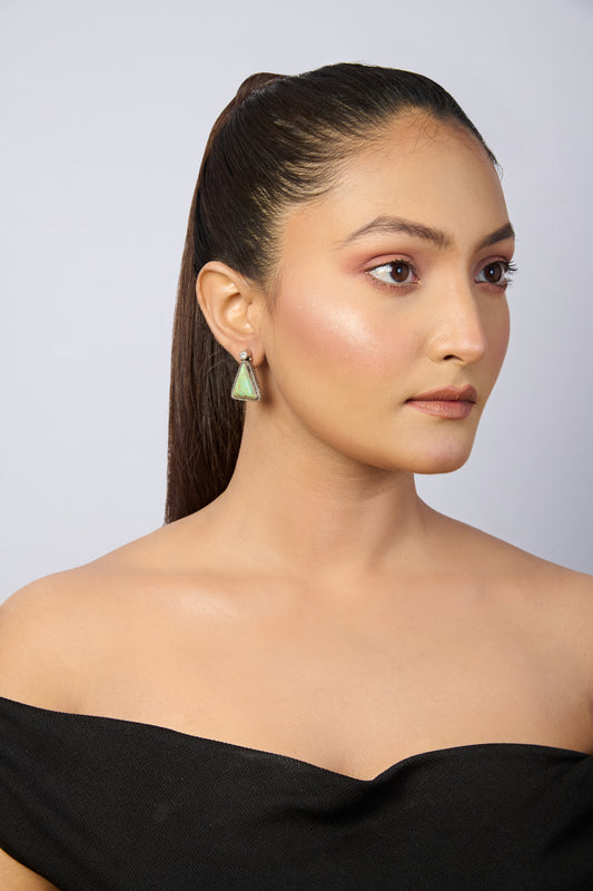Oxidized Silver Triangle Stud Earrings with Green Turquoise Stone