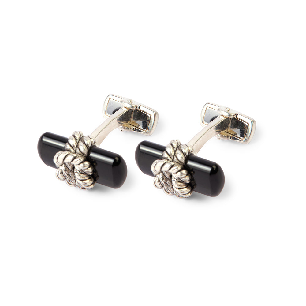 Black Onyx Silver Twisted Knot Cufflinks