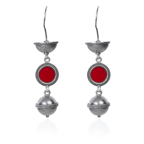 Oxidized Silver Dangle Earrings with Red Inlay and Textured Sphere