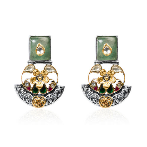 Dual-Tone Oxidized Silver and Gold Green Stone Floral Dangle Earrings