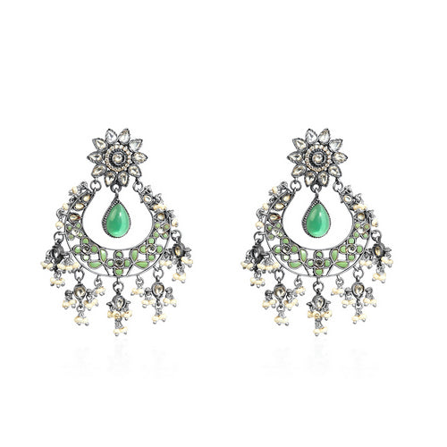 Oxidized Silver Chandbali Earrings with Green Enamel, Kundan Top, and Pearl Drops