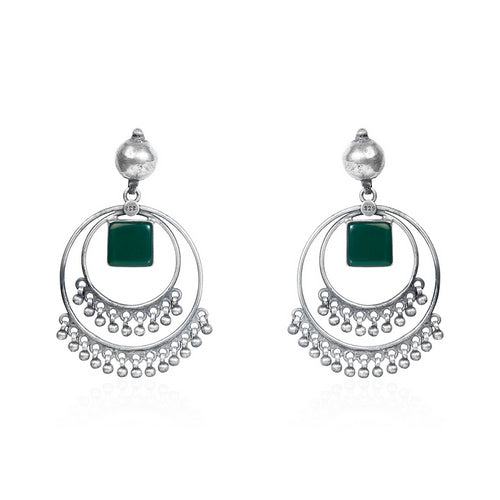 Oxidized Silver Green Stone Hoop Dangle Earrings with Bead Drops