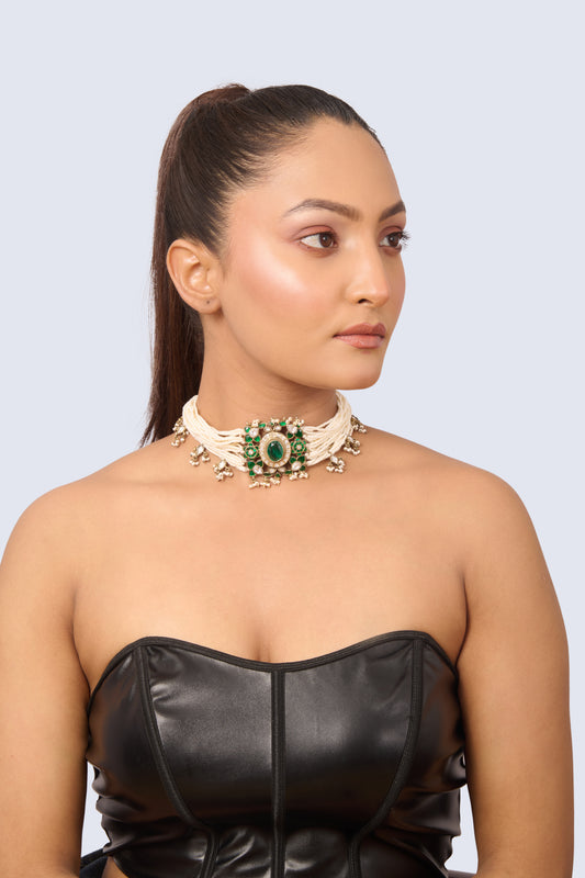 Multi-Strand Pearl Kundan Choker with Emerald and White Gemstones