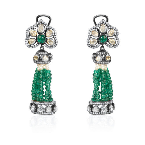 Heritage Emerald Silver Earrings with Uncut Sparkle and Flowing Green Gem Tassels