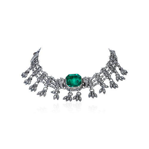Antique-Inspired Silver Tone Choker with Emerald Center and Intricate Details