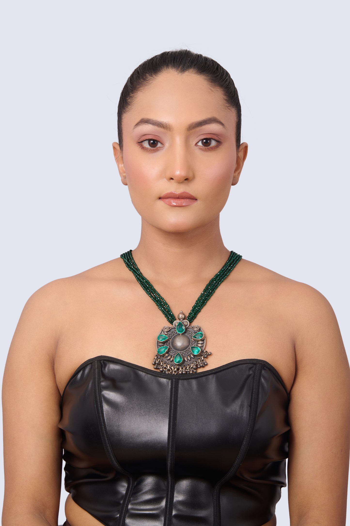 Ornate Silver Necklace with Teardrop Emeralds and Dark Green Beaded Strands